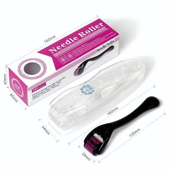 Black and purple titanium microneedle derma rollers showing the 540-needle head and ergonomic handle.