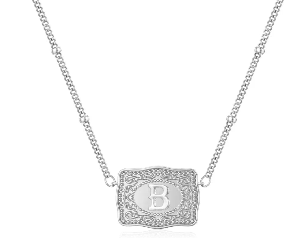 Electroplated copper letter pendant necklace in gold and white k colours, unisex style