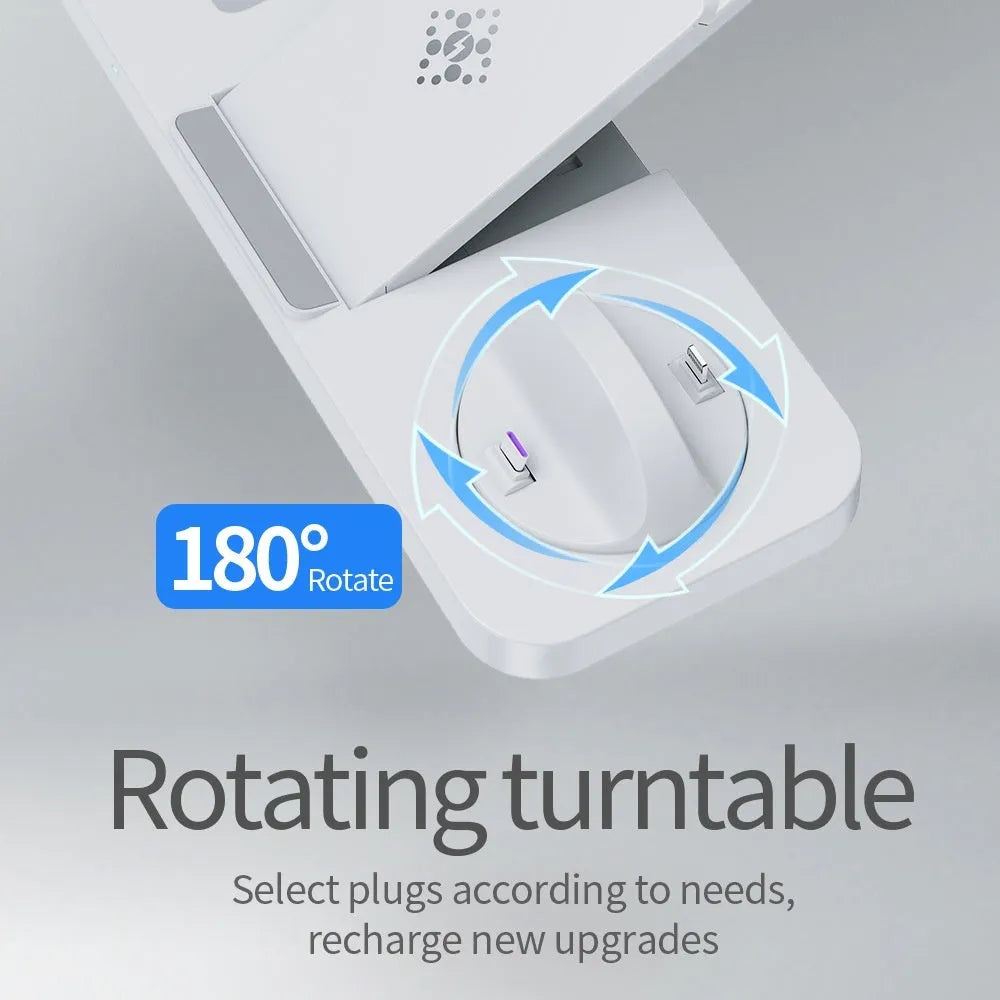 Three-in-one wireless charger with rotating stand for phone headset watch in white finish