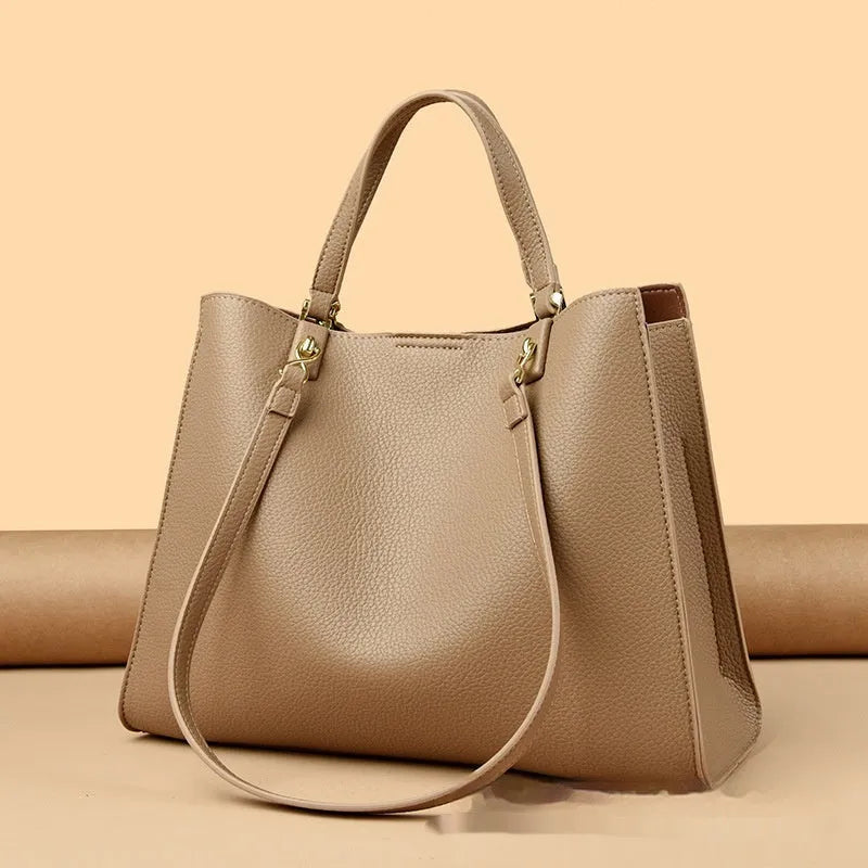 Women's PU tote messenger bag in horizontal square shape with sewing thread detail and multiple internal pockets