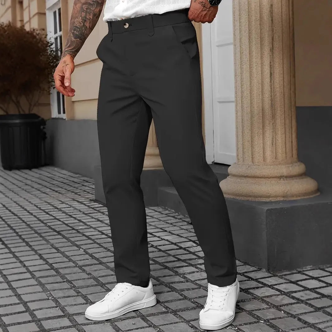 Men's solid colour straight polyester trousers in black, front view, suitable for business casual wear