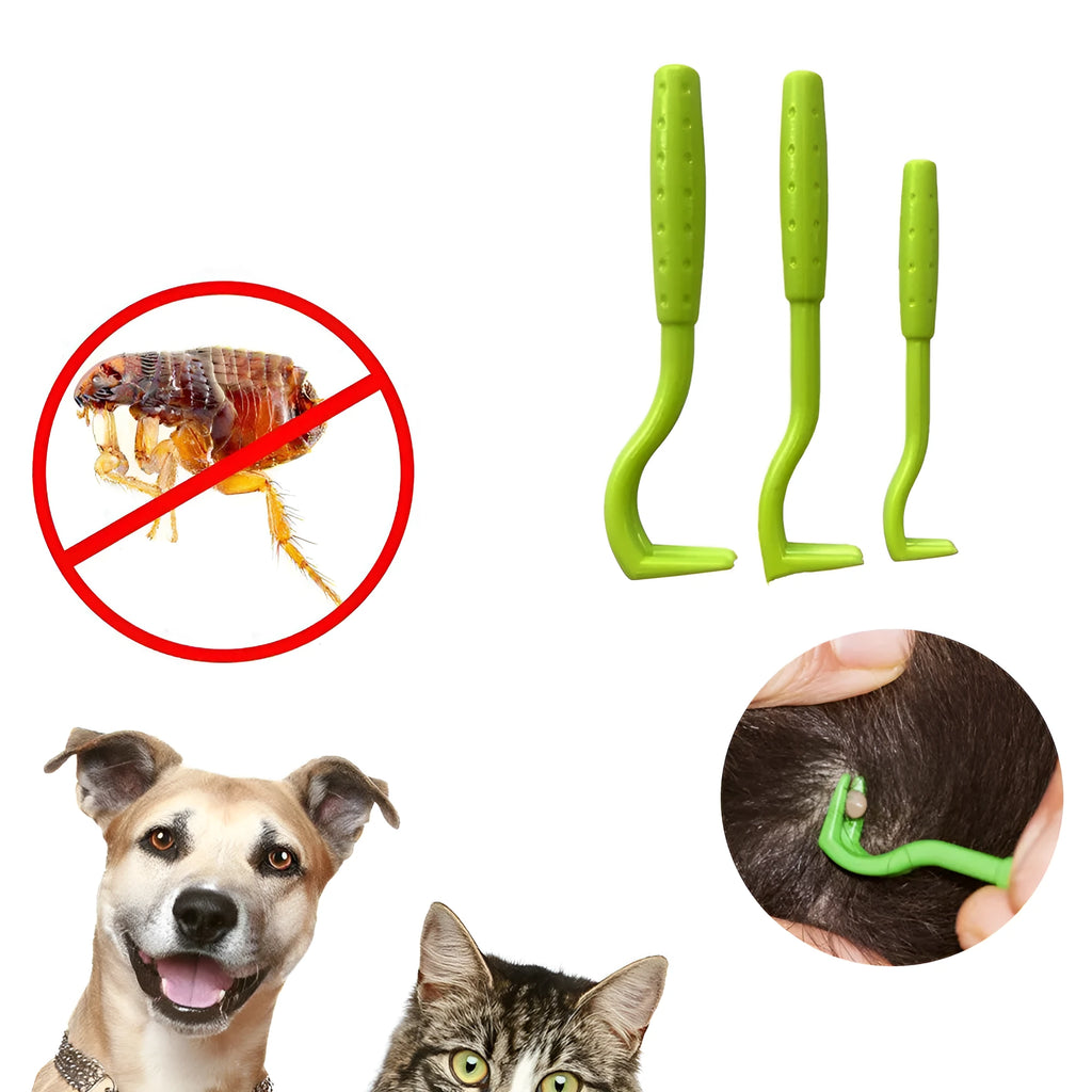 Three plastic tick removal hook tools for pets in blue or green colours