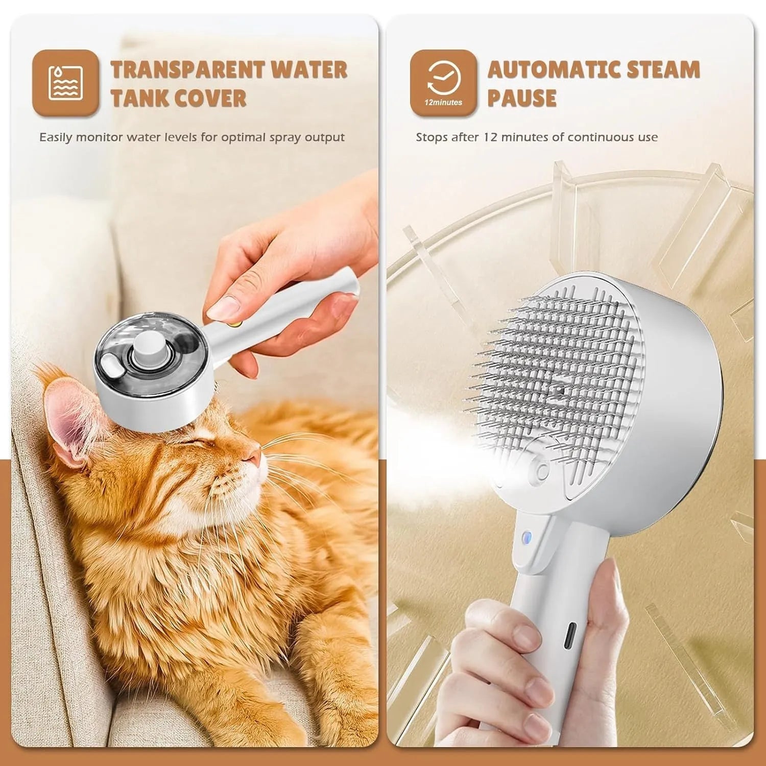 Pink cat steam brush for shedding with rounded massage head and transparent water tank on white background