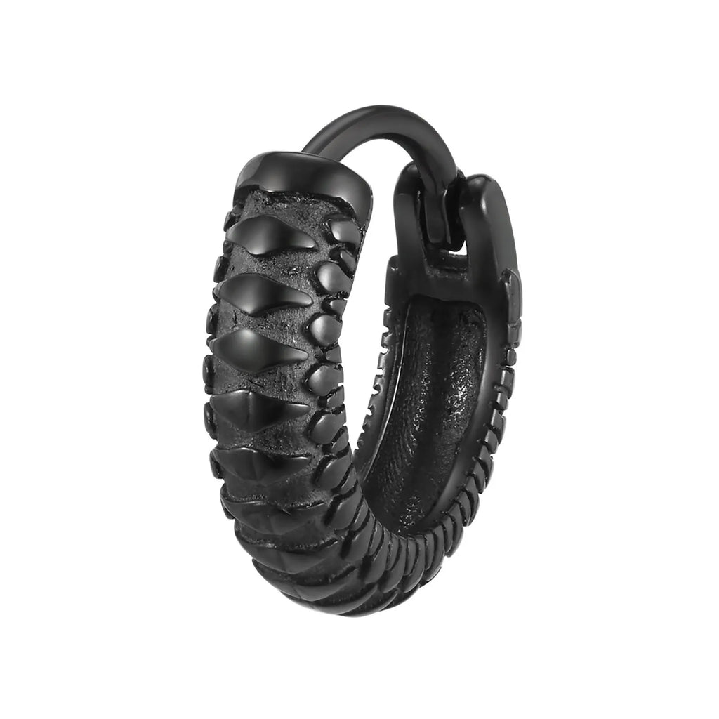 Stainless steel snake pattern earrings in black and gold finish, 30mm diameter