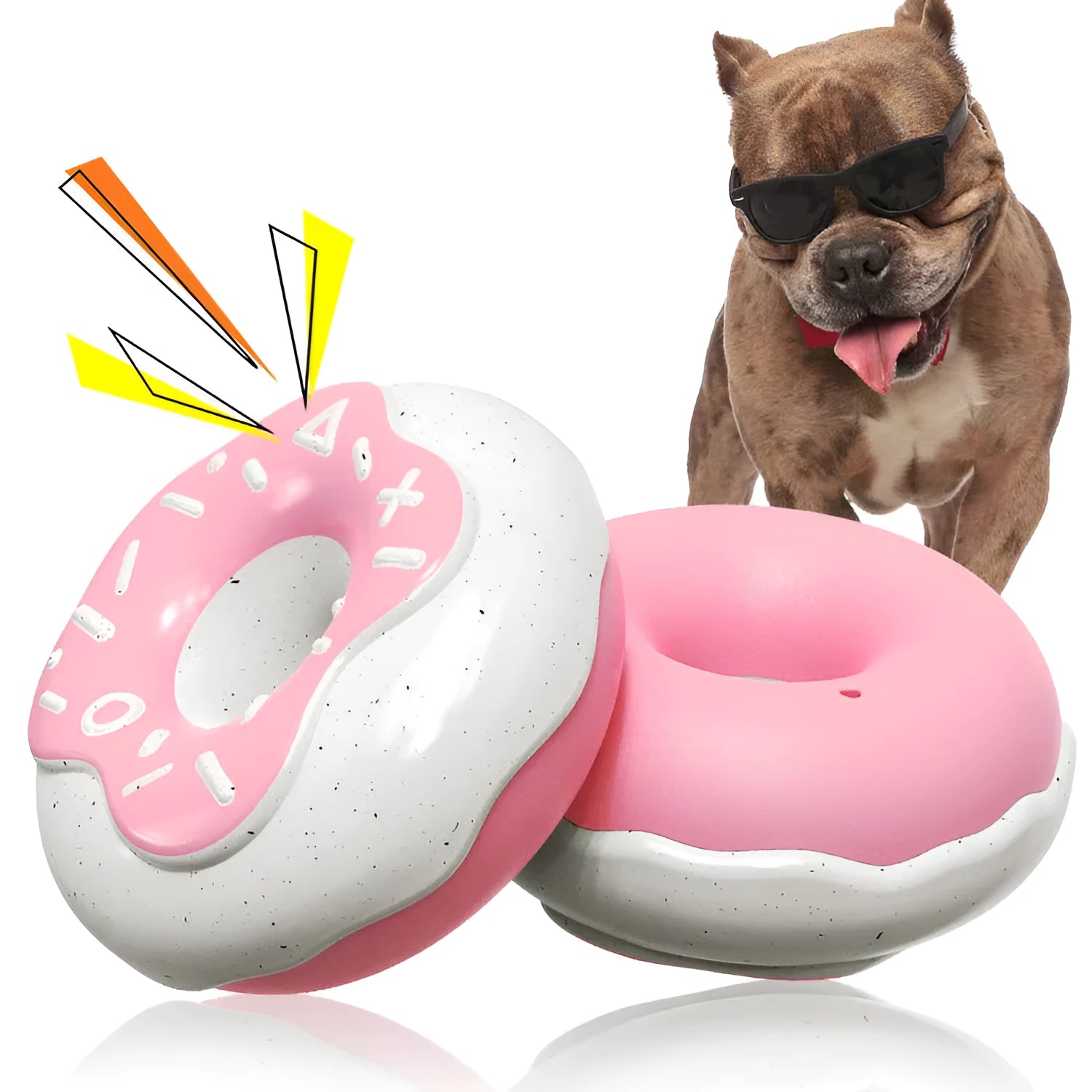 TPR molar teeth cleaning dog toy in pink, yellow, or chocolate colours measuring 118mm