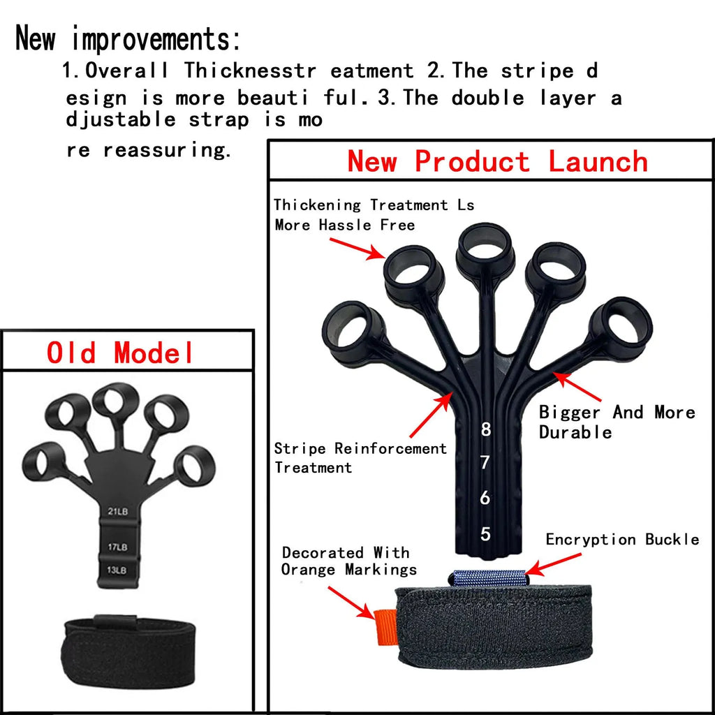 Black silicone finger flexion and extension trainer with adjustable belt for resistance training.
