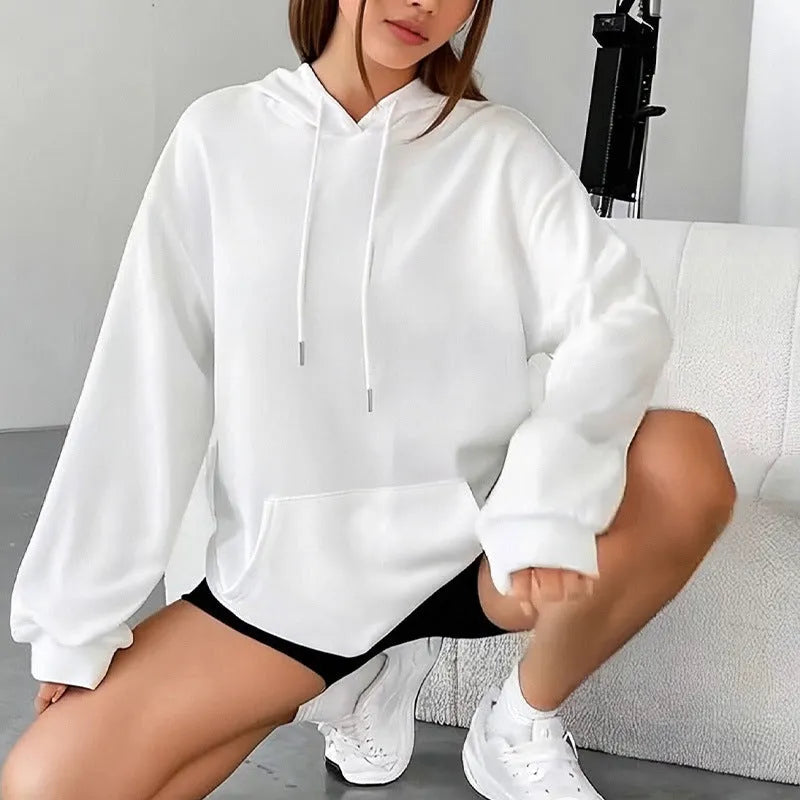 Loose long sleeve women sweatshirt with drawstring hem and front pocket in various colours like khaki and orange gray