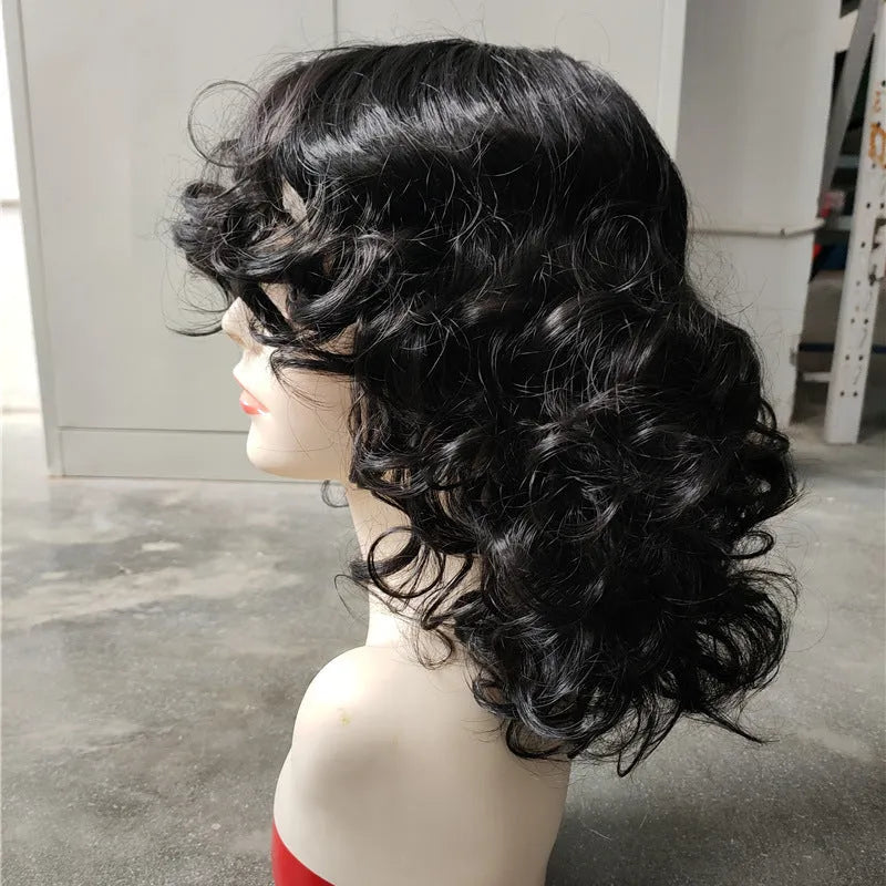 Women's black long curly Afro wig made from synthetic high temperature fibre for all face types
