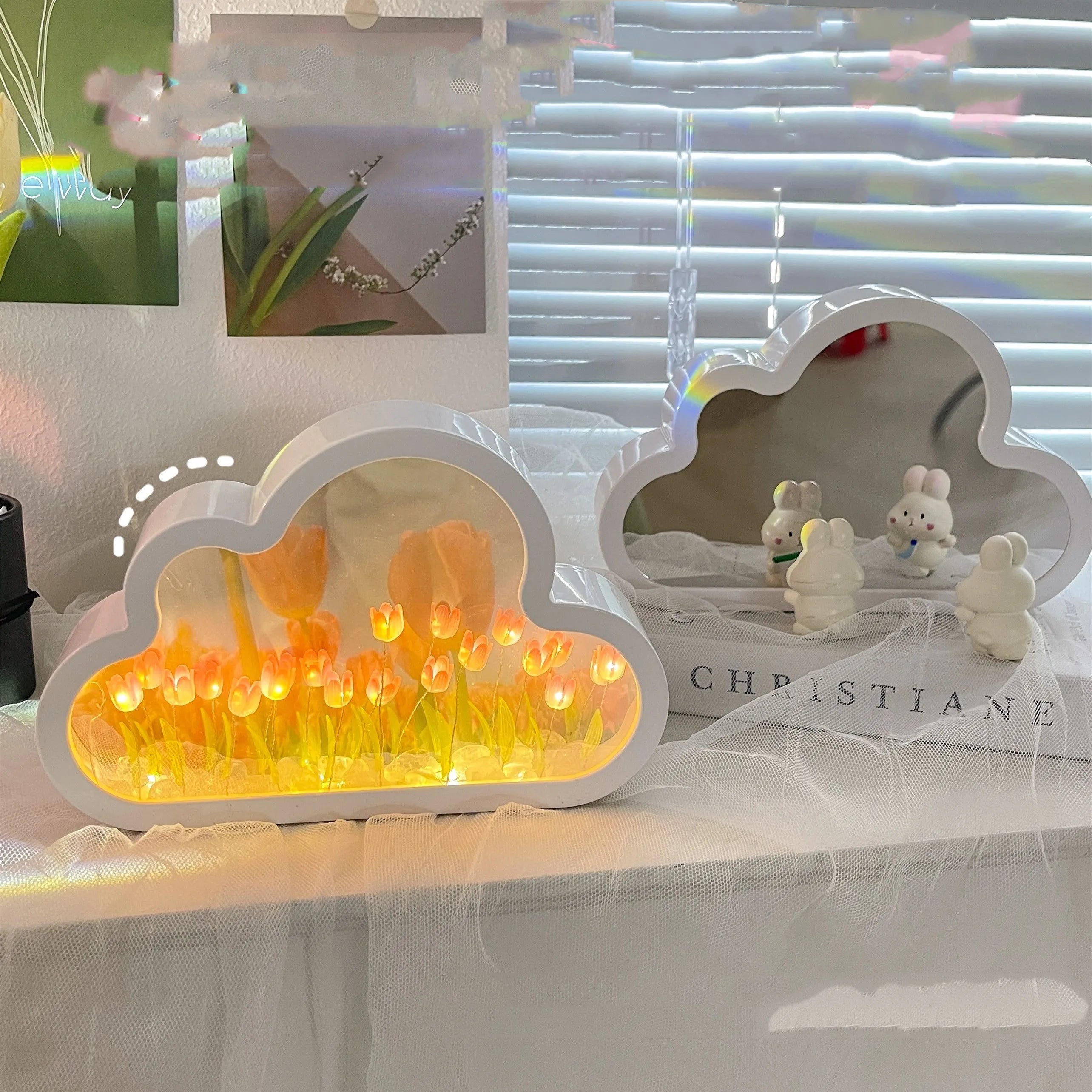 DIY tulip night lamp with cloud tulips, decorative mirror, and photo frame in pink LED mode