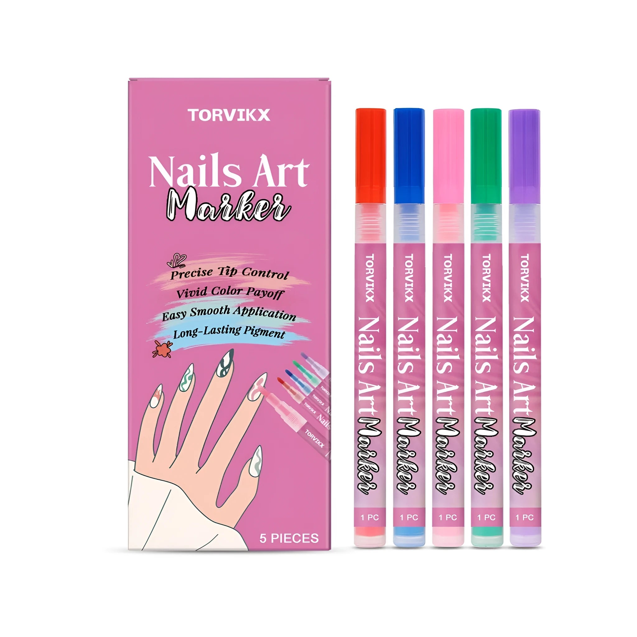 Set of 5 water-based nail art graffiti pens in red, blue, powder, violet, and green on white background