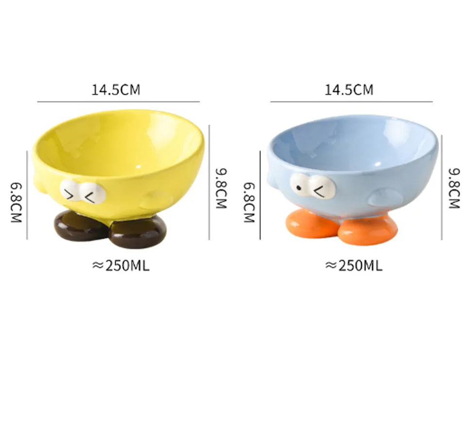 Oblique ceramic cat food bowl with cute expression print in blue for cervical spine protection