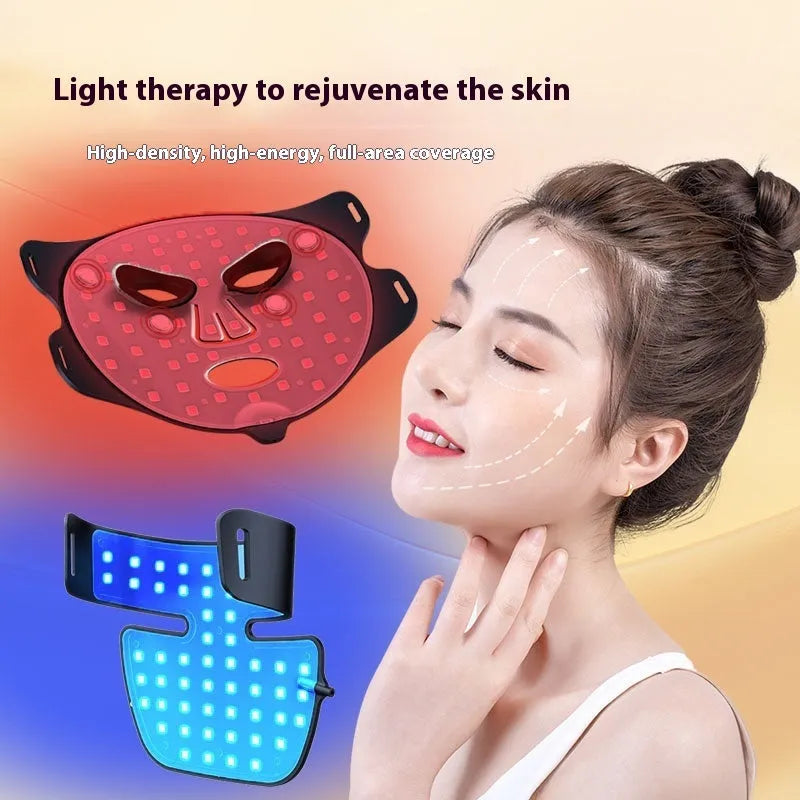 Black photon therapy LED mask with neck treatment panel and four-colour light therapy system