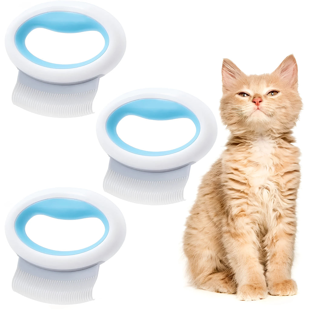 Blue plastic pet grooming comb for deshedding and dematting cat and dog hair.