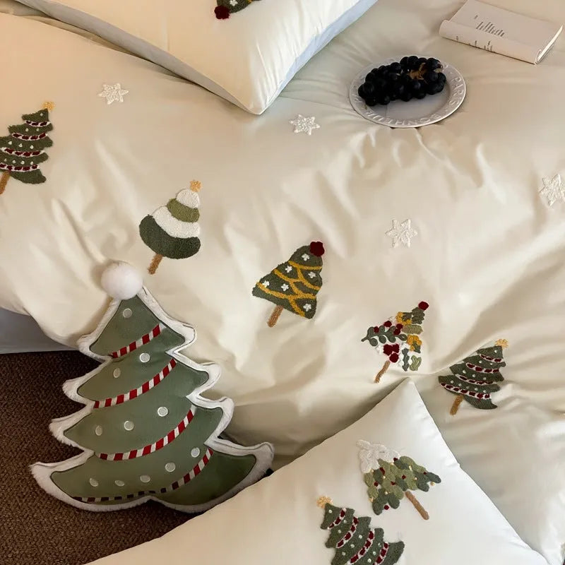 Cute Christmas tree and floral embroidered pure cotton four-piece bedding set in cream blue or green