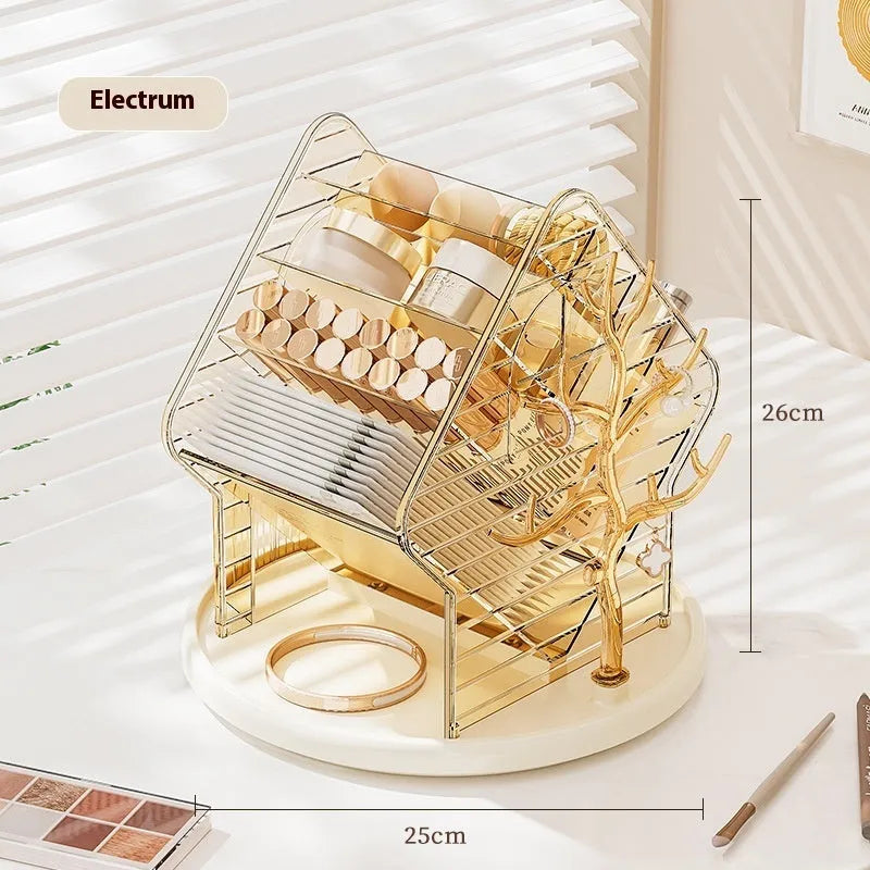 Clear and amber gold rotating plastic cosmetics storage box organiser with 360-degree spin base.