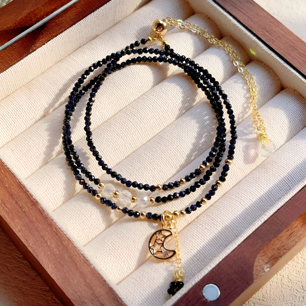 Blue and gold sand stone cut layered bracelet with three-ring clasp for women