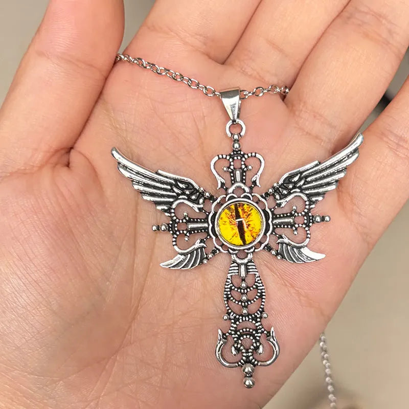 Creative Devil Wings Cross pendant necklace in alloy, showing geometric shape with wing details.