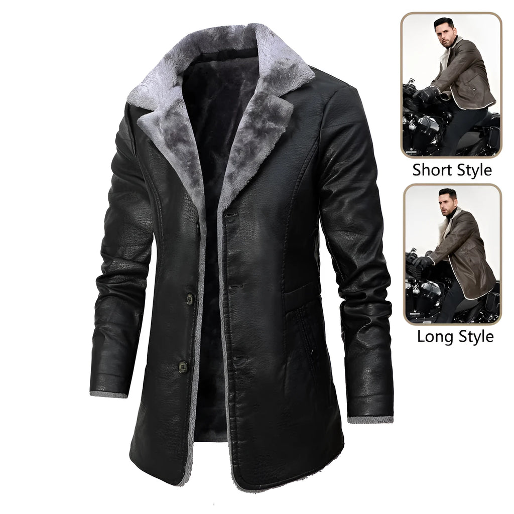 Men's faux leather long coat with lapel collar and plush fleece lining in black