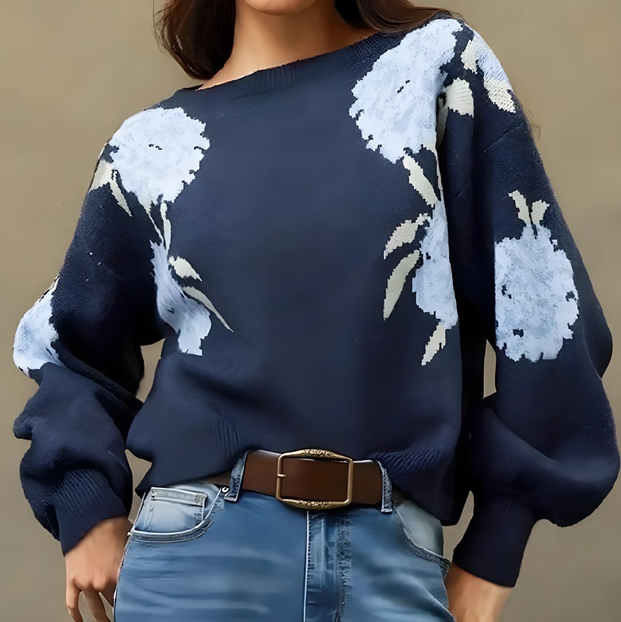 Sapphire blue women's pullover with woven floral jacquard pattern, loose casual fit.