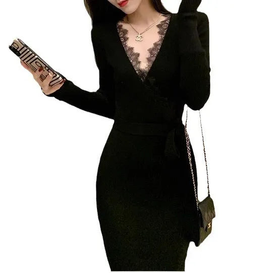 Black slim fit women's woolen skirt in princess dress style with solid colour design