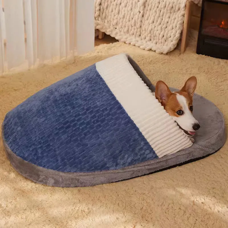 Dog nest sleeping bag for small medium dogs, warm plush material, removable washable pad, blue colour