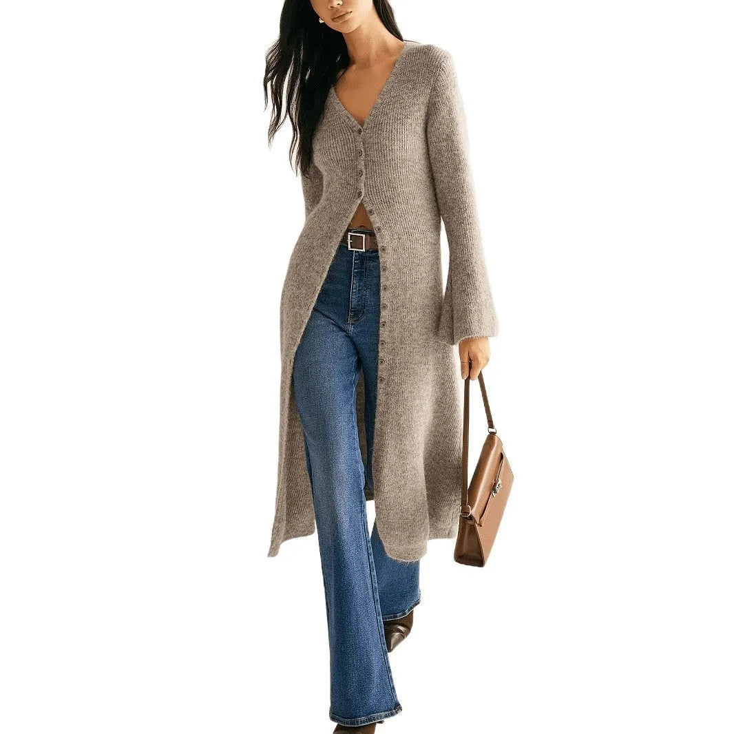 French style retro long sleeve cardigan coat in khaki with button front detail