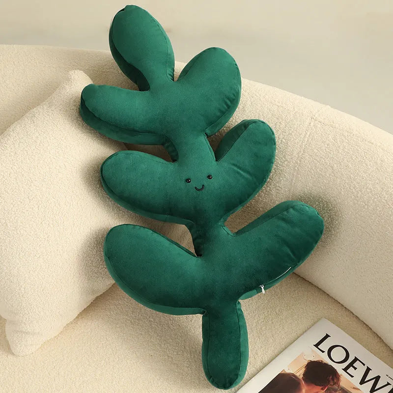 Green plant pillow with embroidered philodendron leaves on plush fabric, 52x44cm large size