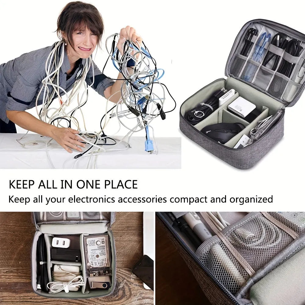 Black travel electronics organiser case with mesh pockets, elastic loops and removable padded dividers