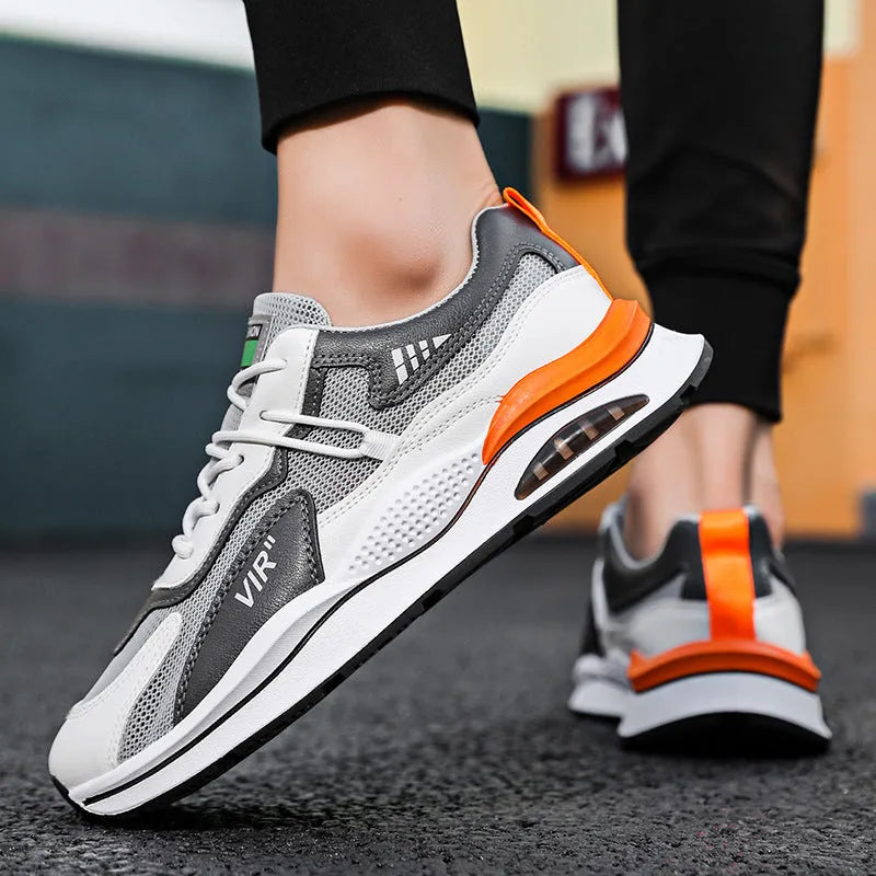 Men's grey mesh running shoes with breathable upper and lightweight EVA sole for jogging
