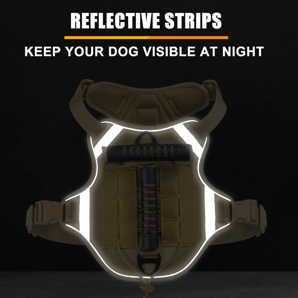 Tactical dog chest harness with back handle, reflective polyester, available in black, army green, desert yellow, and camouflage