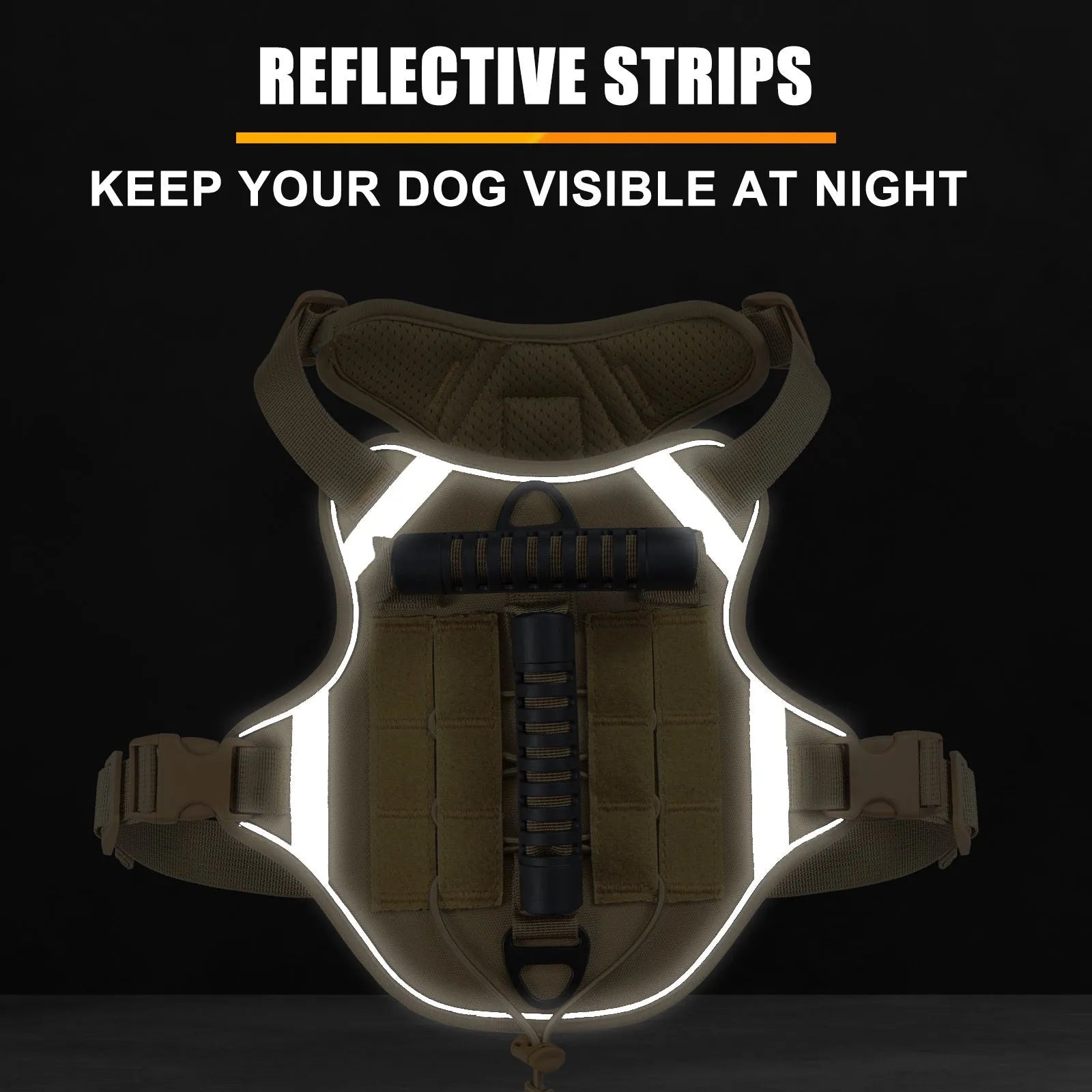 Tactical dog chest harness with back handle, reflective polyester, available in black, army green, desert yellow, and camouflage