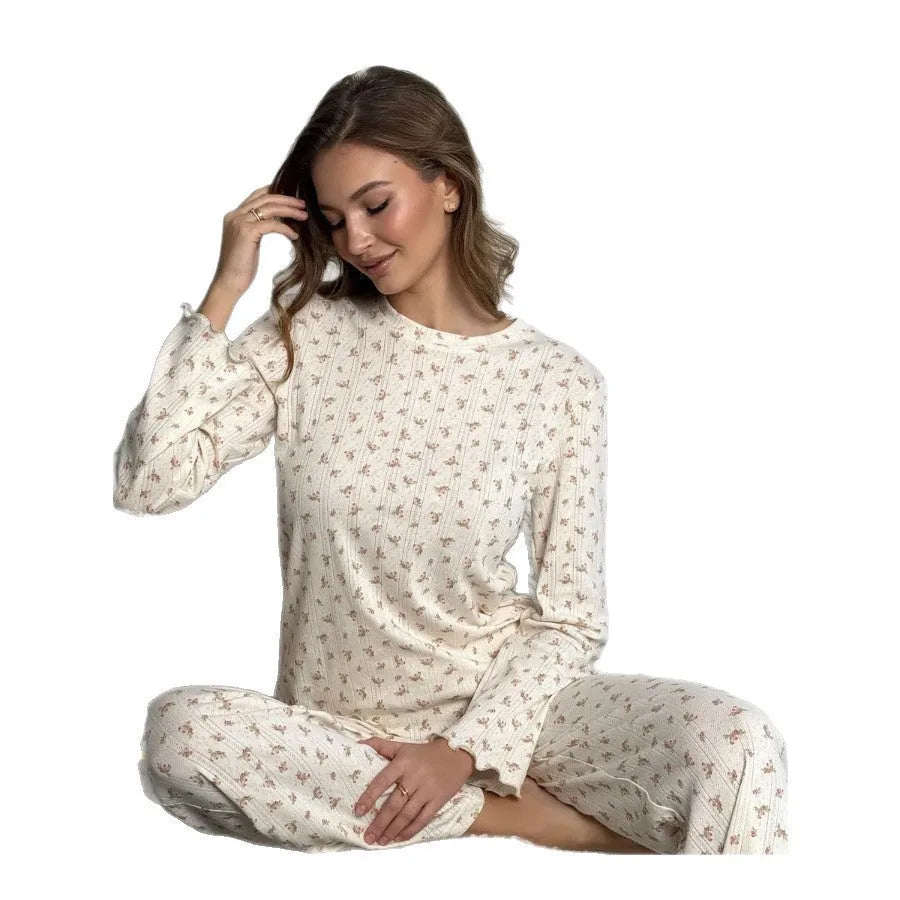 Women's white floral print bell sleeve top and wide leg trousers lounge suit set