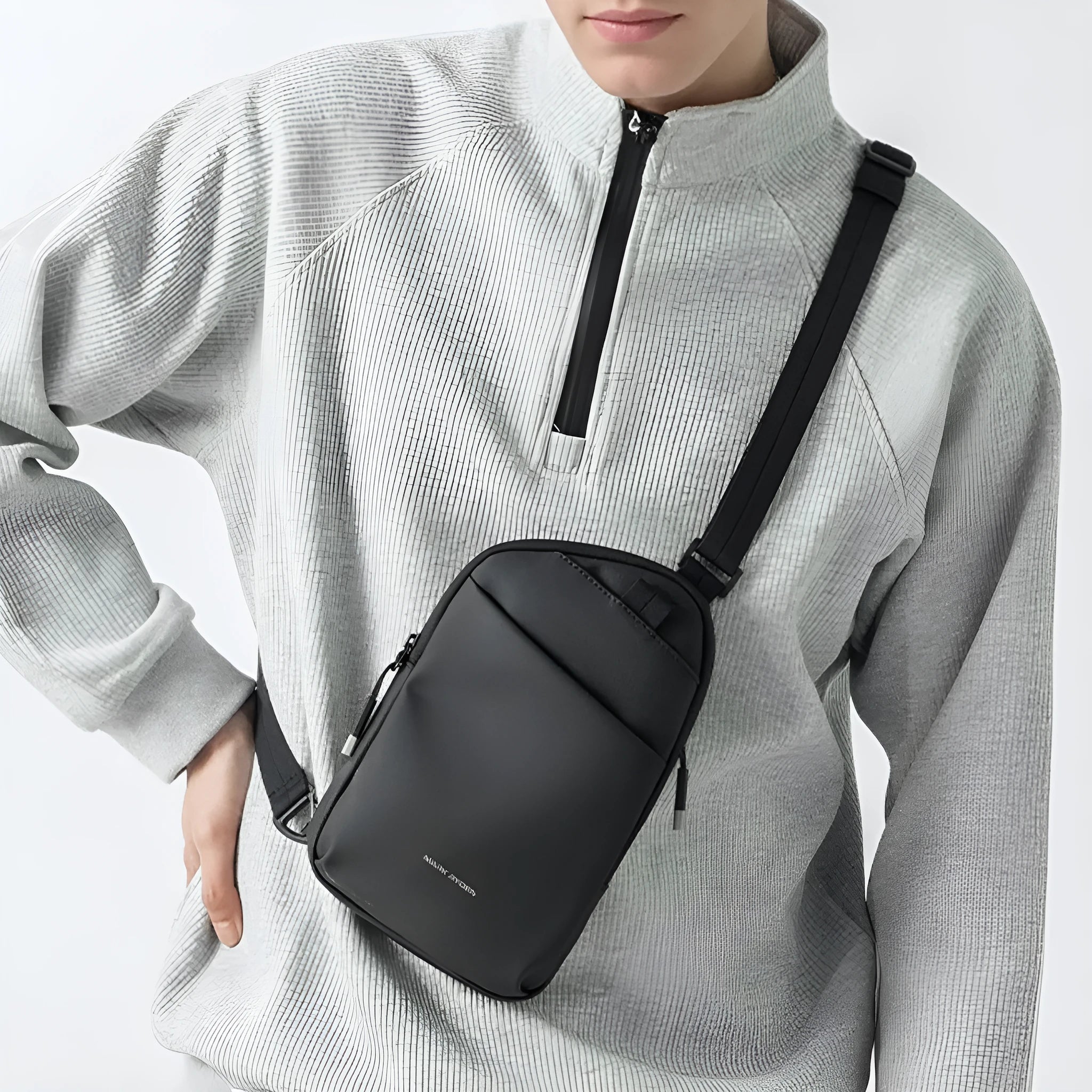 Men's black Oxford cloth crossbody bag with reinforced stitching and simple design