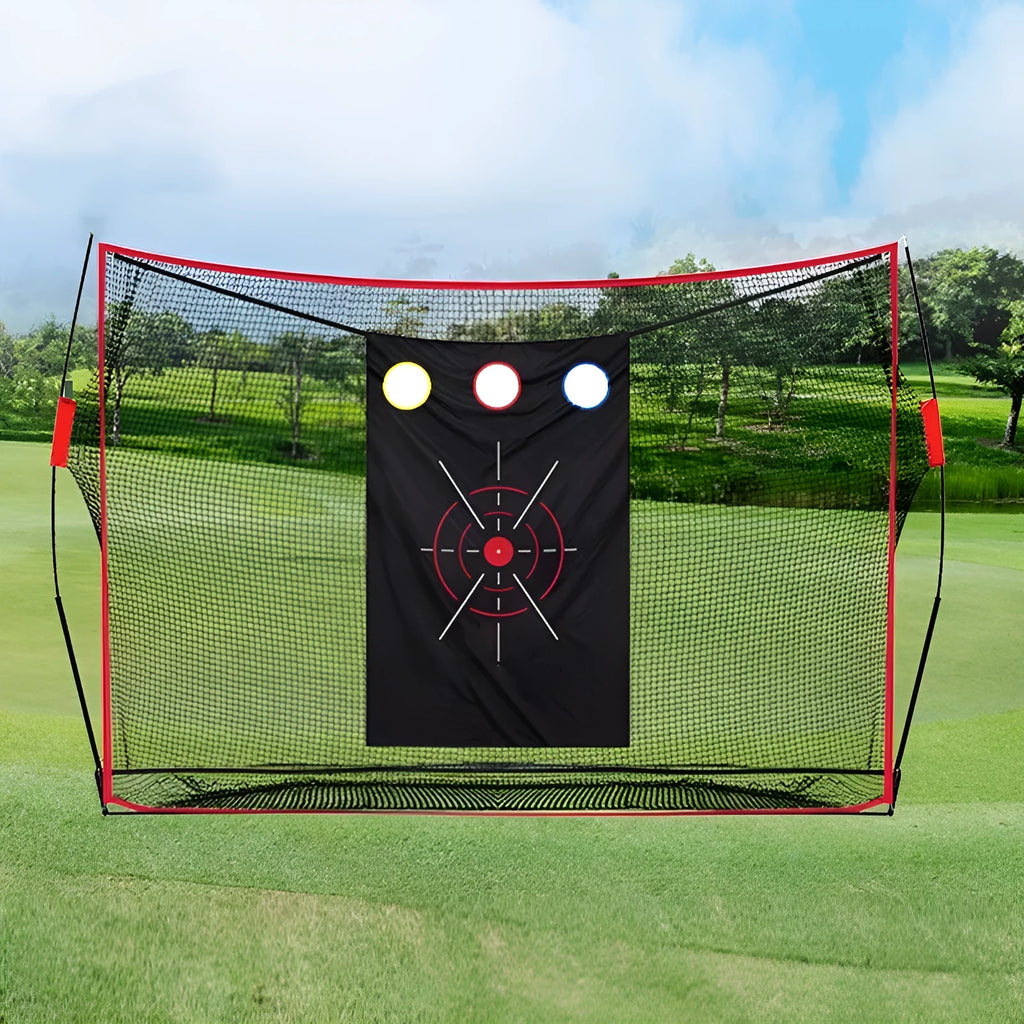 Golf swing wedge training net with 3-hole cross target, foam practice mat, and coloured practice balls