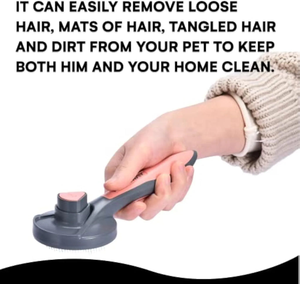 Grey self-cleaning slicker brush for grooming cats and dogs, showing comfort-grip handle and bristles.