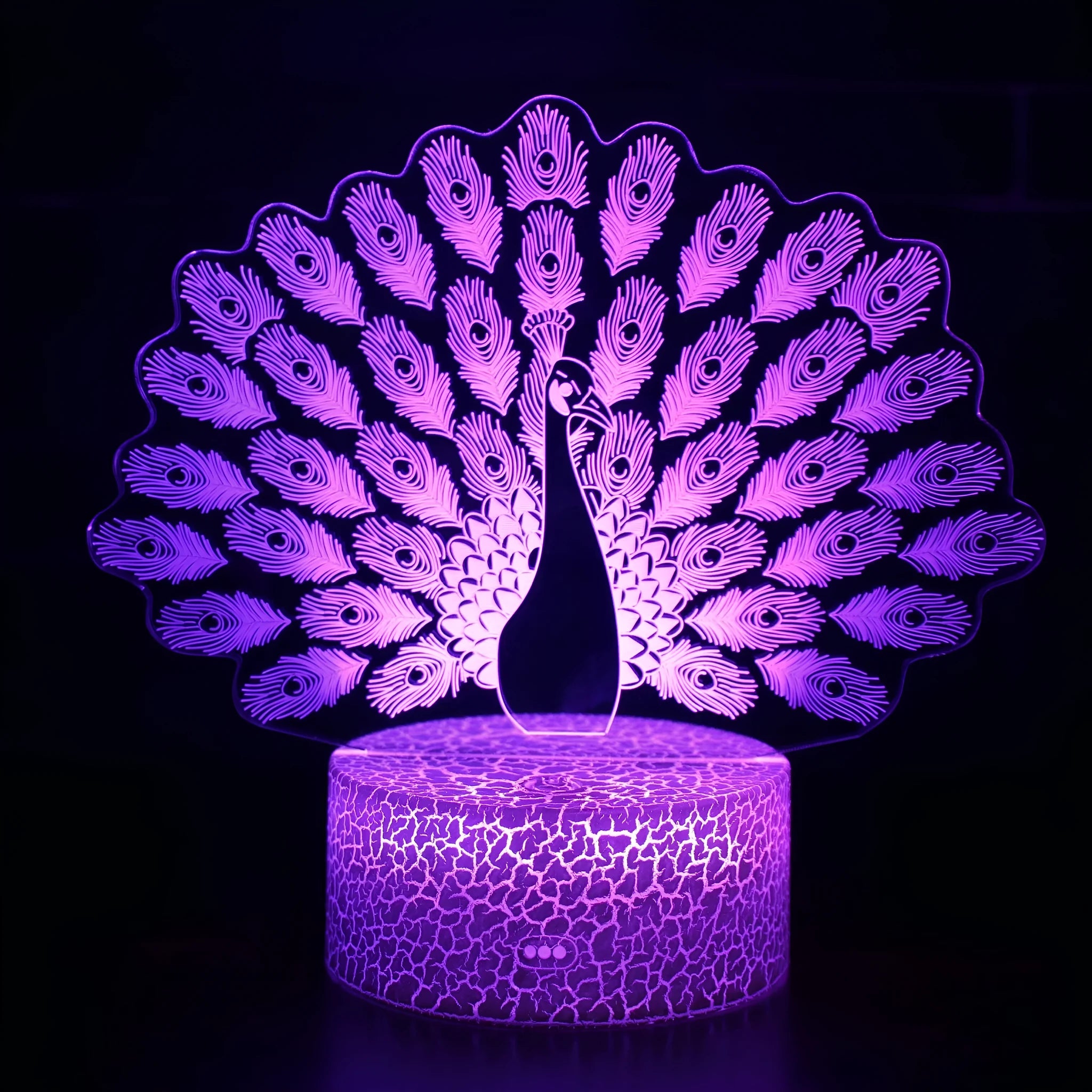 Acrylic 3D table lamp with colourful crack base design and touch controls on wooden surface