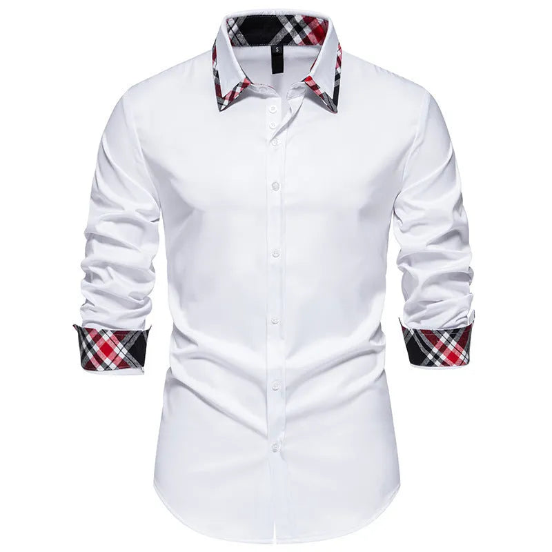 Men's plaid triangle collar shirt in polyester blend fabric available in multiple colours