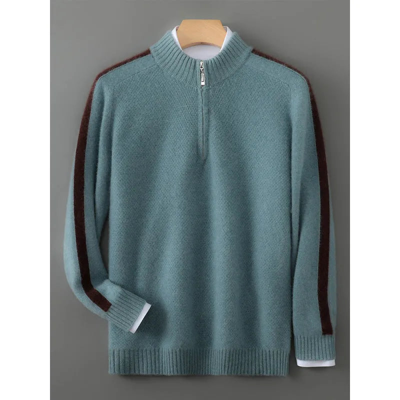 Half-zip wool sweater in Chinese red colour with round neck and regular sleeves