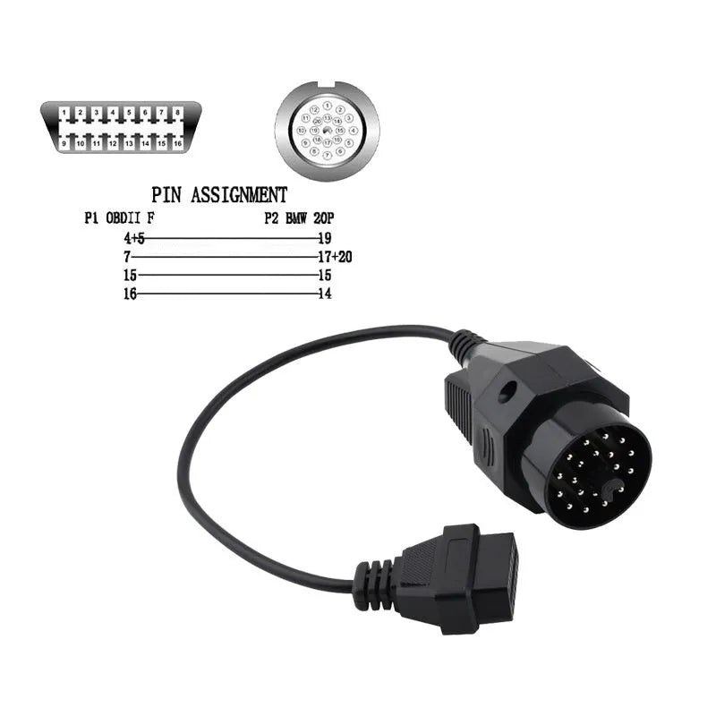 BMW OBD2 diagnostic connector cable converting 20-pin to 16-pin interface for vehicle diagnostics