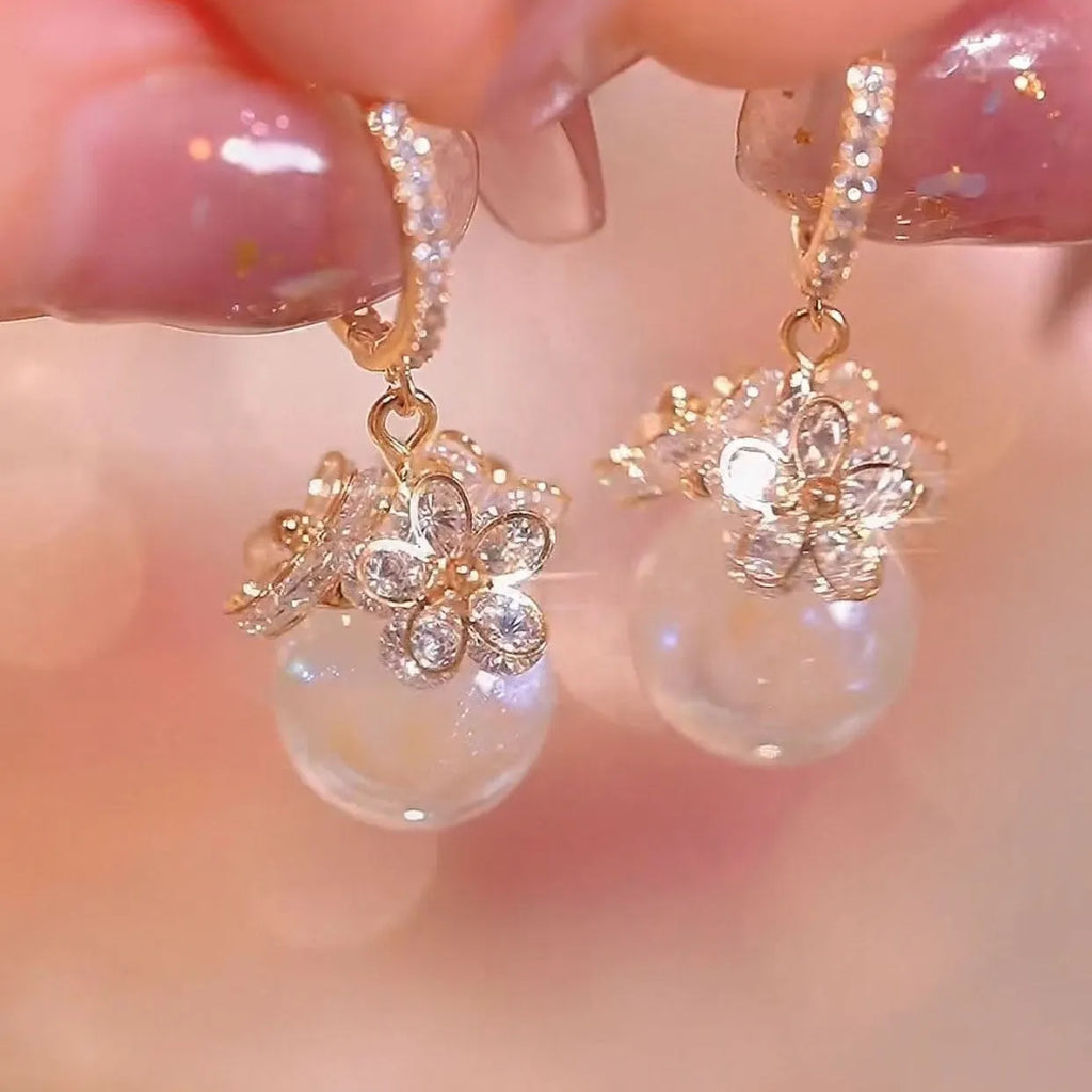 Women's copper zircon earrings with electroplated finish in geometry shapes featuring rose design elements