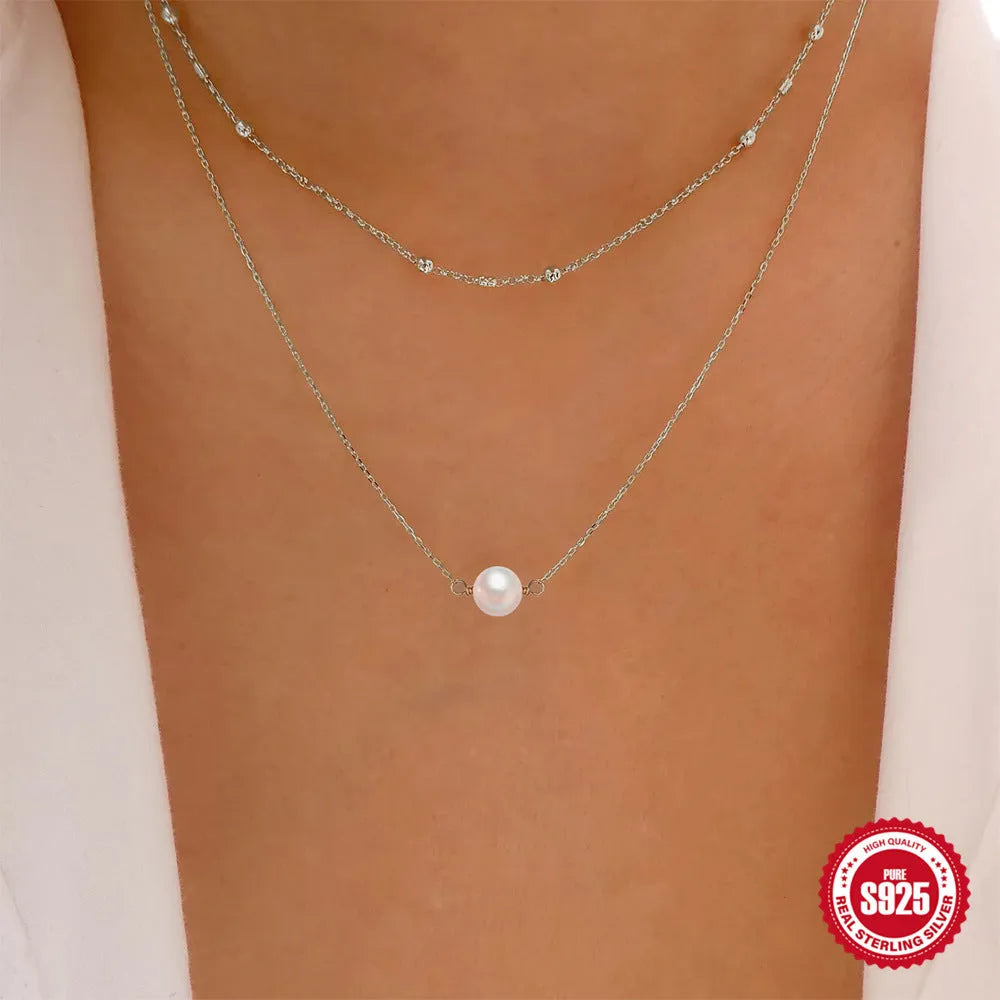 S925 sterling silver double layer pearl necklace with geometric pendant in gold colour