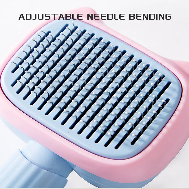Red double-sided pet grooming brush with deshedding rake and dematting comb, shown with dimensions.