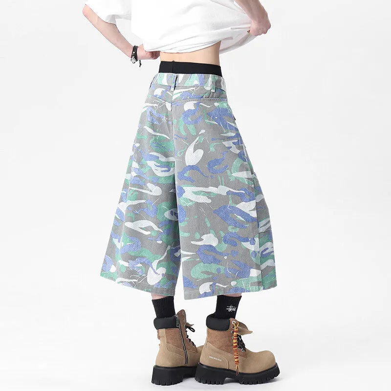 Denim camouflage cropped trousers with front pocket and straight-leg design for summer workwear