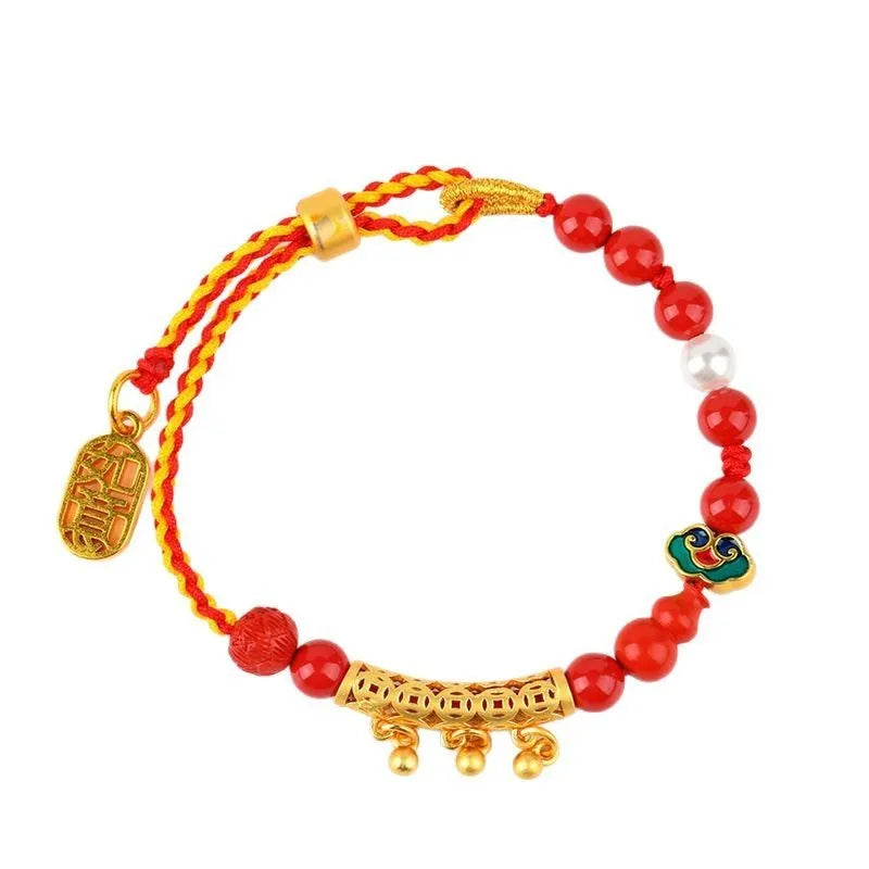 Hand-woven cinnabar red rope bell bracelet with round geometry style, women's national design