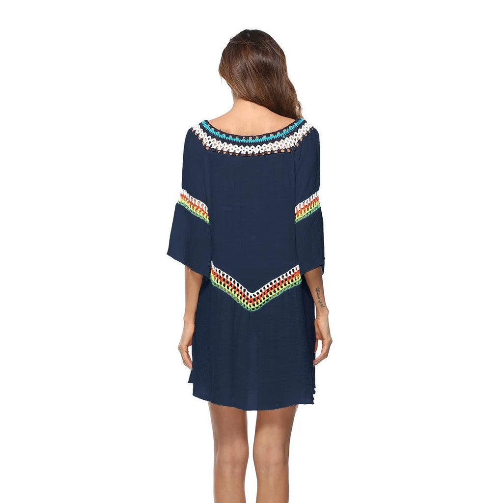 Crocheted ethnic style beach cover-up for women in acrylic polyester fabric