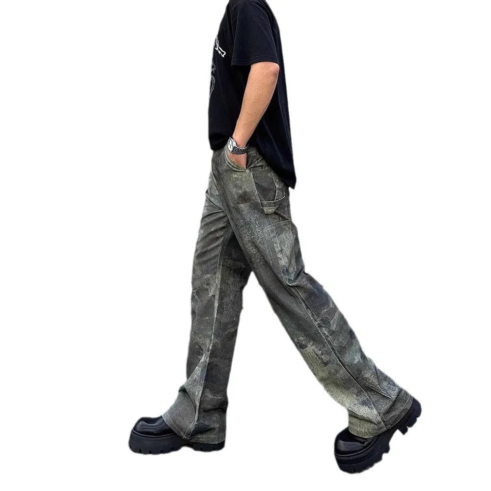 Men's straight-leg camouflage print jeans on a white background
