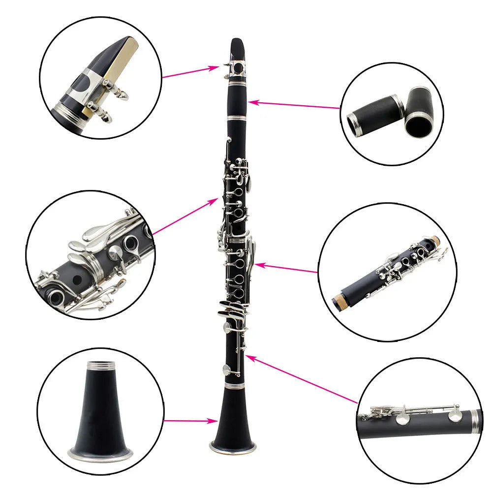 Black Bakelite clarinet with nickel-plated keys and carrying bag for beginner musicians