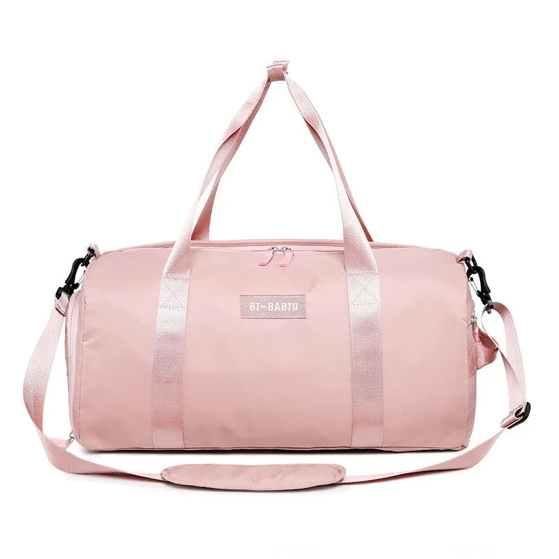 Women's casual portable sports bag in beige nylon with letter pattern and contrast colour details