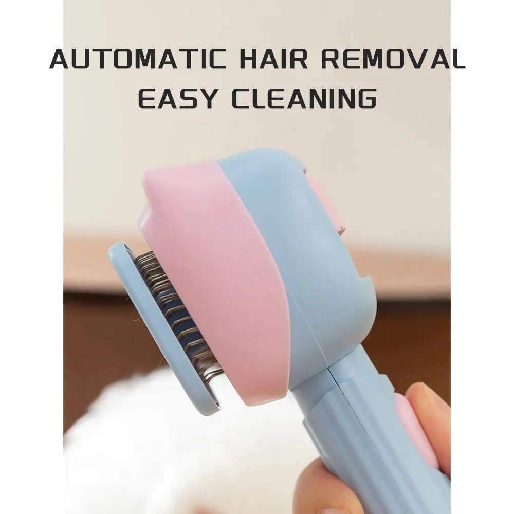 Red double-sided pet grooming brush with deshedding rake and dematting comb, shown with dimensions.