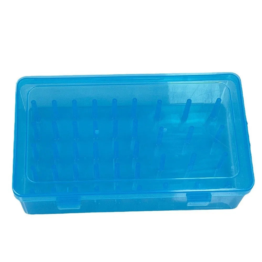 Plastic embroidery storage box with 42 numbered compartments in transparent, pink, or blue colour.